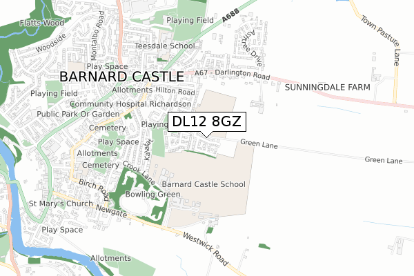 DL12 8GZ map - small scale - OS Open Zoomstack (Ordnance Survey)