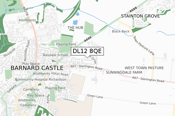 DL12 8QE map - small scale - OS Open Zoomstack (Ordnance Survey)