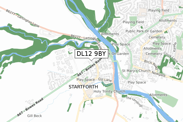 DL12 9BY map - small scale - OS Open Zoomstack (Ordnance Survey)