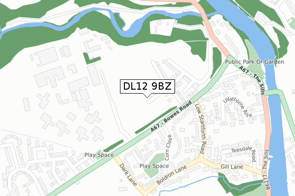 DL12 9BZ map - large scale - OS Open Zoomstack (Ordnance Survey)