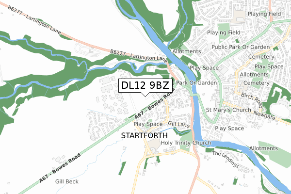 DL12 9BZ map - small scale - OS Open Zoomstack (Ordnance Survey)