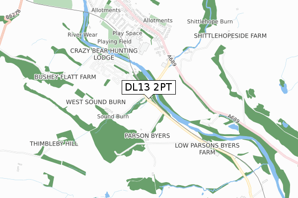 DL13 2PT map - small scale - OS Open Zoomstack (Ordnance Survey)