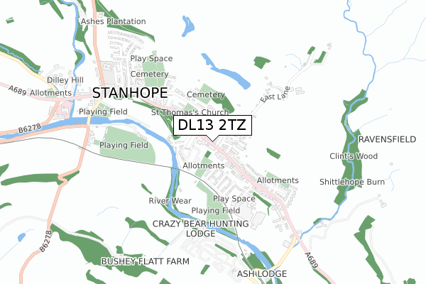 DL13 2TZ map - small scale - OS Open Zoomstack (Ordnance Survey)