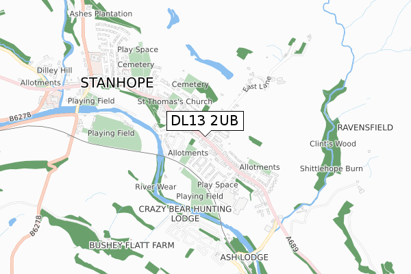 DL13 2UB map - small scale - OS Open Zoomstack (Ordnance Survey)