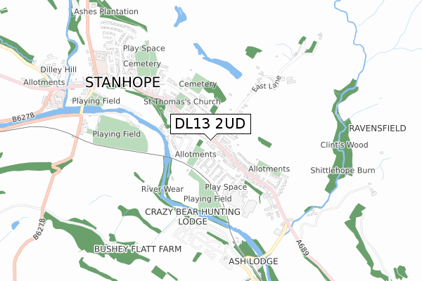 DL13 2UD map - small scale - OS Open Zoomstack (Ordnance Survey)