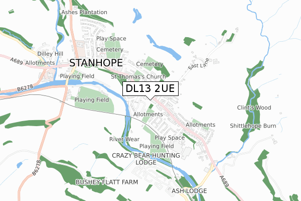 DL13 2UE map - small scale - OS Open Zoomstack (Ordnance Survey)