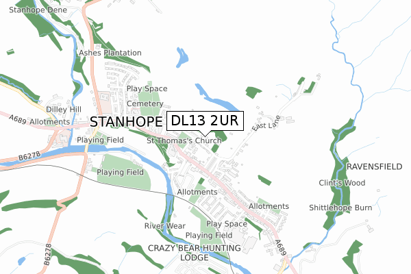 DL13 2UR map - small scale - OS Open Zoomstack (Ordnance Survey)