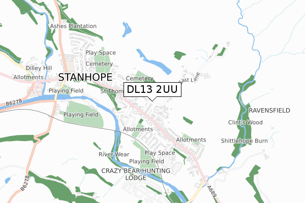 DL13 2UU map - small scale - OS Open Zoomstack (Ordnance Survey)