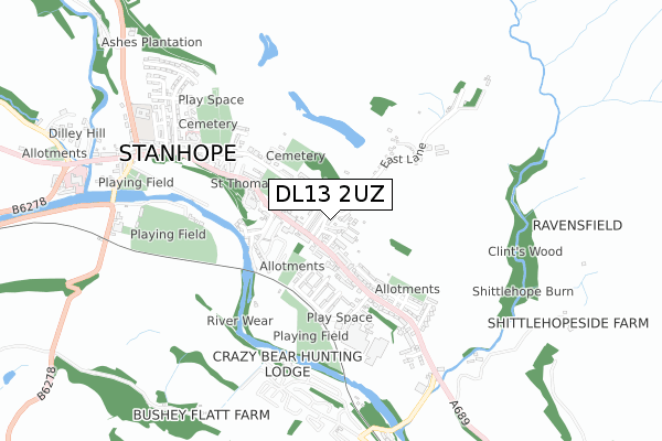 DL13 2UZ map - small scale - OS Open Zoomstack (Ordnance Survey)