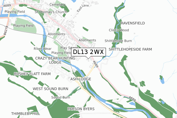 DL13 2WX map - small scale - OS Open Zoomstack (Ordnance Survey)