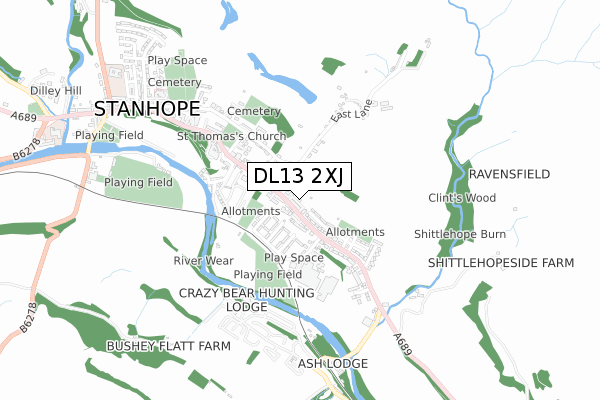 DL13 2XJ map - small scale - OS Open Zoomstack (Ordnance Survey)