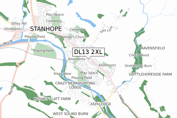 DL13 2XL map - small scale - OS Open Zoomstack (Ordnance Survey)