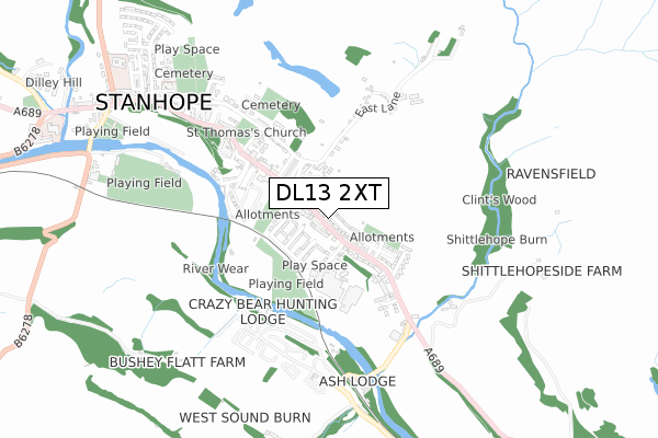 DL13 2XT map - small scale - OS Open Zoomstack (Ordnance Survey)