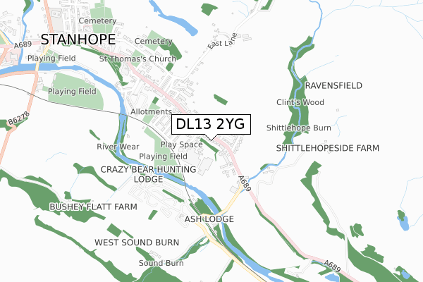 DL13 2YG map - small scale - OS Open Zoomstack (Ordnance Survey)