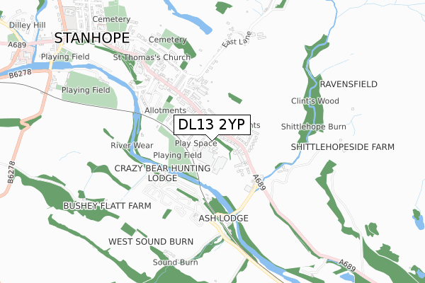 DL13 2YP map - small scale - OS Open Zoomstack (Ordnance Survey)