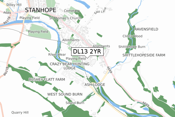 DL13 2YR map - small scale - OS Open Zoomstack (Ordnance Survey)