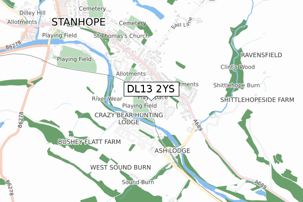 DL13 2YS map - small scale - OS Open Zoomstack (Ordnance Survey)