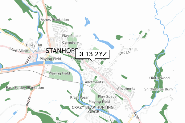 DL13 2YZ map - small scale - OS Open Zoomstack (Ordnance Survey)