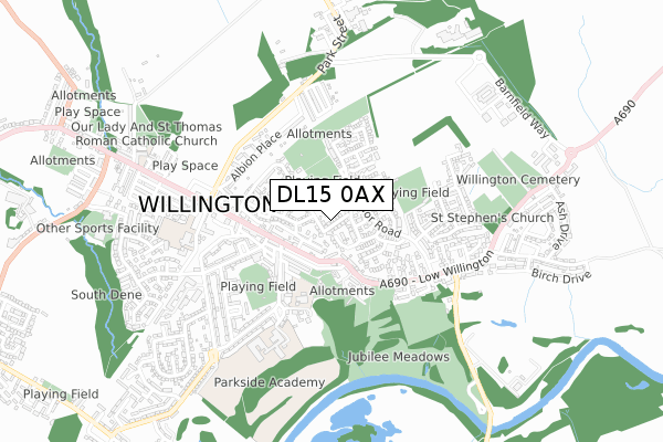 DL15 0AX map - small scale - OS Open Zoomstack (Ordnance Survey)