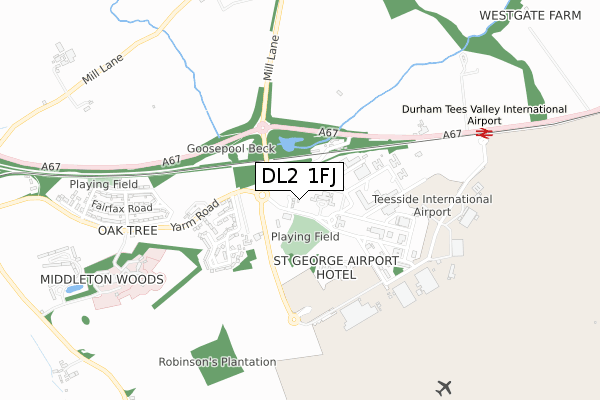 DL2 1FJ map - small scale - OS Open Zoomstack (Ordnance Survey)