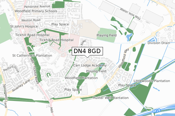 DN4 8GD map - small scale - OS Open Zoomstack (Ordnance Survey)