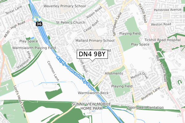 DN4 9BY map - small scale - OS Open Zoomstack (Ordnance Survey)