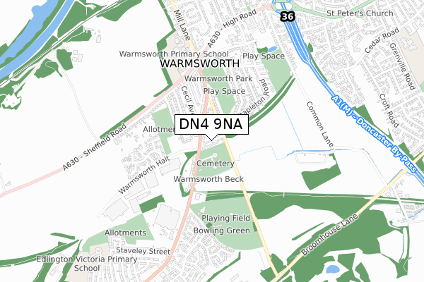 DN4 9NA map - small scale - OS Open Zoomstack (Ordnance Survey)