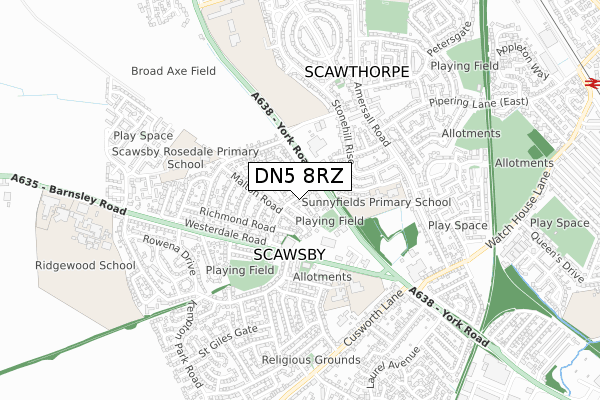 DN5 8RZ map - small scale - OS Open Zoomstack (Ordnance Survey)