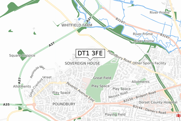 DT1 3FE map - small scale - OS Open Zoomstack (Ordnance Survey)