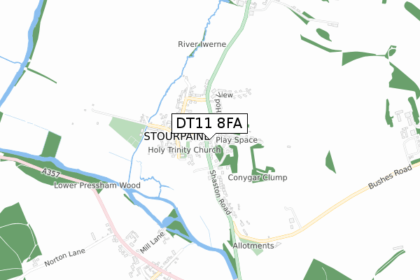 DT11 8FA map - small scale - OS Open Zoomstack (Ordnance Survey)