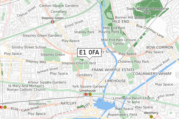 E1 0FA map - small scale - OS Open Zoomstack (Ordnance Survey)