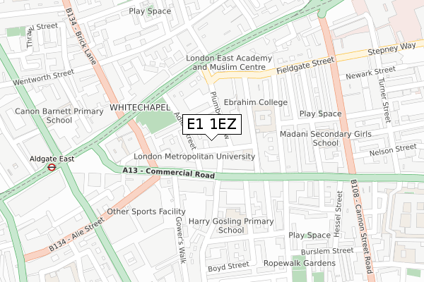 E1 1EZ map - large scale - OS Open Zoomstack (Ordnance Survey)