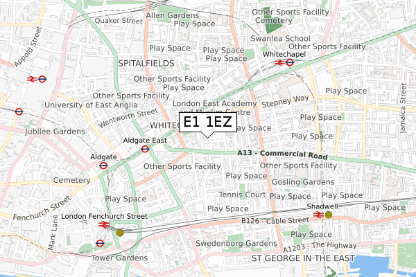 E1 1EZ map - small scale - OS Open Zoomstack (Ordnance Survey)