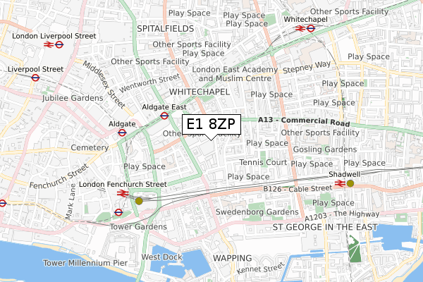 E1 8ZP map - small scale - OS Open Zoomstack (Ordnance Survey)