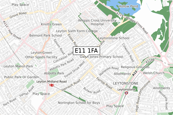 E11 1FA map - small scale - OS Open Zoomstack (Ordnance Survey)