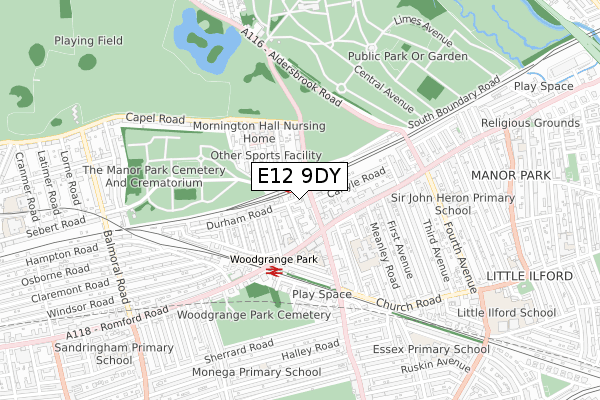 E12 9DY map - small scale - OS Open Zoomstack (Ordnance Survey)