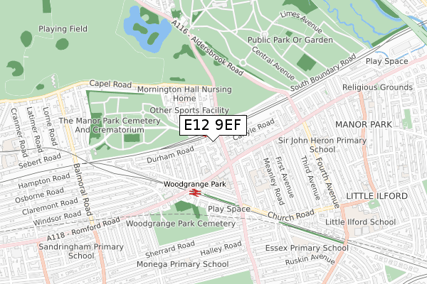 E12 9EF map - small scale - OS Open Zoomstack (Ordnance Survey)