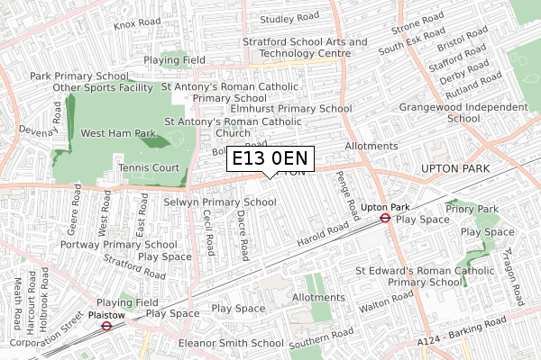 E13 0EN map - small scale - OS Open Zoomstack (Ordnance Survey)