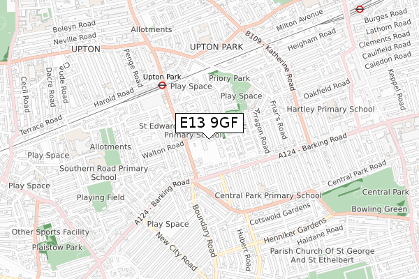 E13 9GF map - small scale - OS Open Zoomstack (Ordnance Survey)