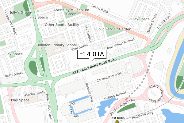 E14 0TA map - large scale - OS Open Zoomstack (Ordnance Survey)