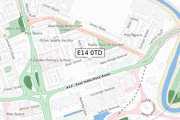 E14 0TD map - large scale - OS Open Zoomstack (Ordnance Survey)