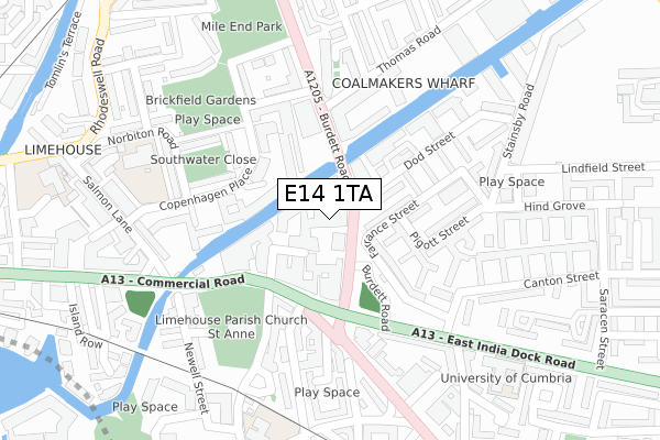 E14 1TA map - large scale - OS Open Zoomstack (Ordnance Survey)