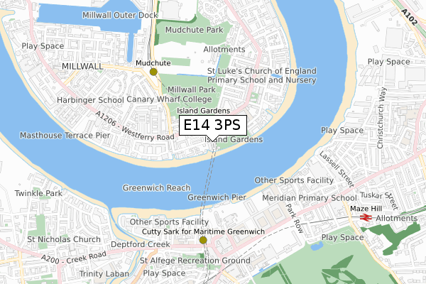 E14 3PS map - small scale - OS Open Zoomstack (Ordnance Survey)