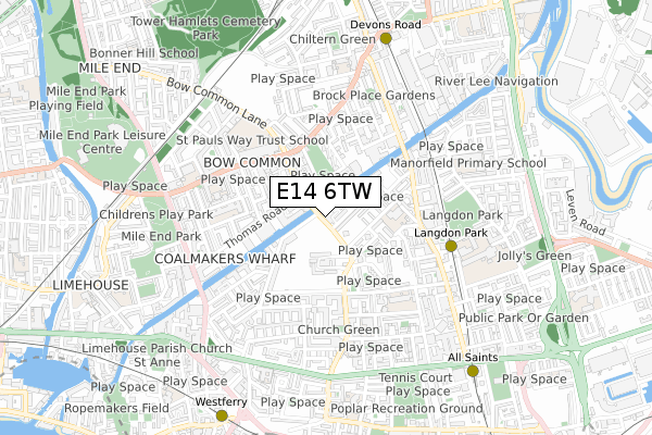 E14 6TW map - small scale - OS Open Zoomstack (Ordnance Survey)