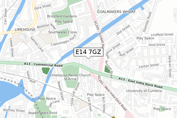 E14 7GZ map - large scale - OS Open Zoomstack (Ordnance Survey)