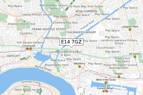 E14 7GZ map - small scale - OS Open Zoomstack (Ordnance Survey)