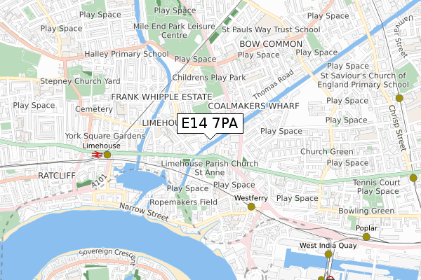 E14 7PA map - small scale - OS Open Zoomstack (Ordnance Survey)