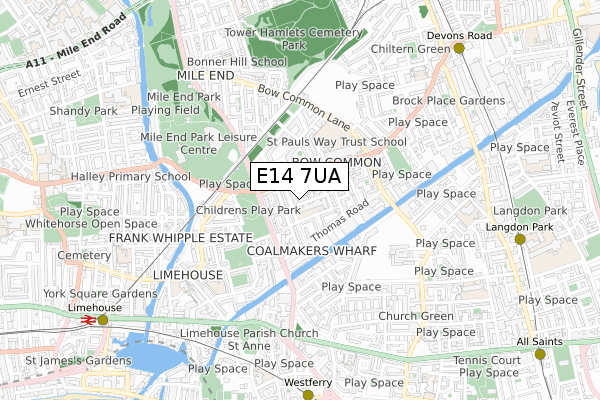 E14 7UA map - small scale - OS Open Zoomstack (Ordnance Survey)