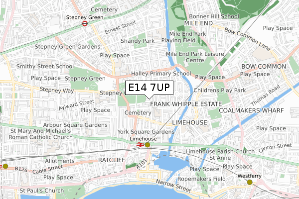 E14 7UP map - small scale - OS Open Zoomstack (Ordnance Survey)