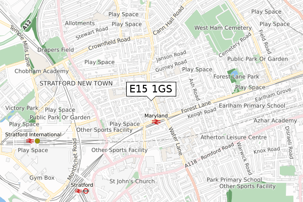 E15 1GS map - small scale - OS Open Zoomstack (Ordnance Survey)